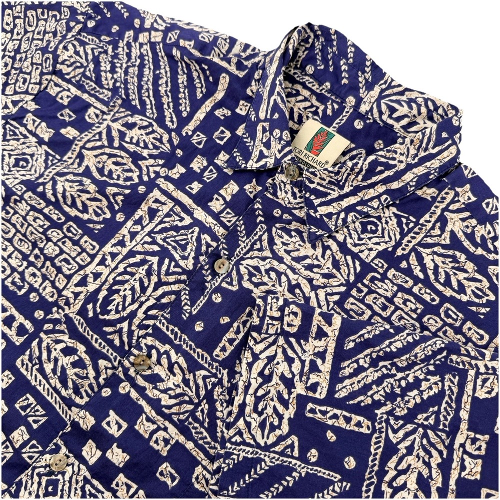 Tori Richard Hawaiian Shirt Mens XL Blue Tapa Print Cotton Lawn Button Front